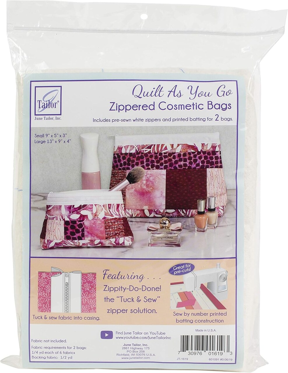 June Tailor Cosmetics Bags Quilt-As-You-Go Kit with Zippity-Do-Done Zipper - Set of 2, White Zippers